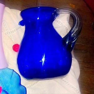 Wanda Made In Poland Hand Blown Glass Cobalt Blue Pitcher Clear Handle.